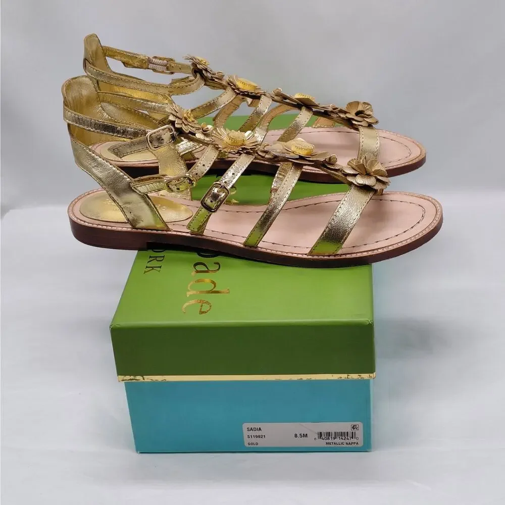 Kate Spade Womens Gladiator Sandals Size 8.5 Gold Floral Boho Vacation Summer - Picture 15 of 15